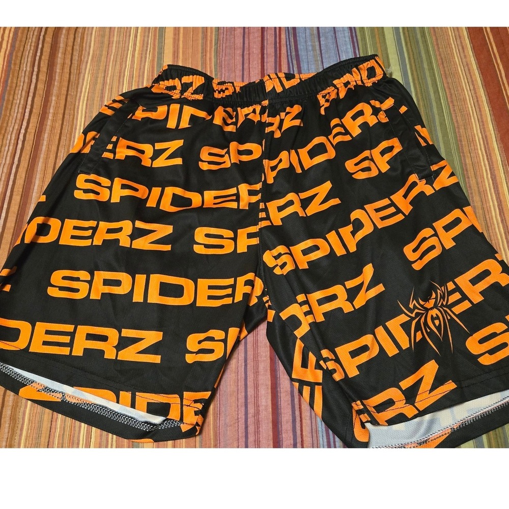 Spiderz Athletic Shorts Mens Large Black Orange All Over Logo Print Baseball Gym